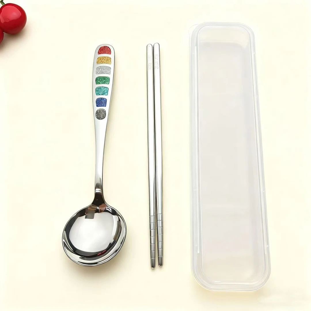 304不锈钢七彩珐琅勺学生党上班族户外便携式勺筷餐具收纳盒套装