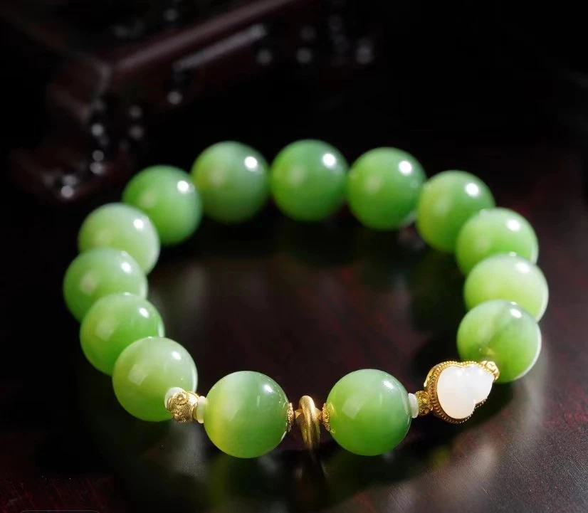【同庆珍品】18k金和田碧玉猫眼手串12mm LM09