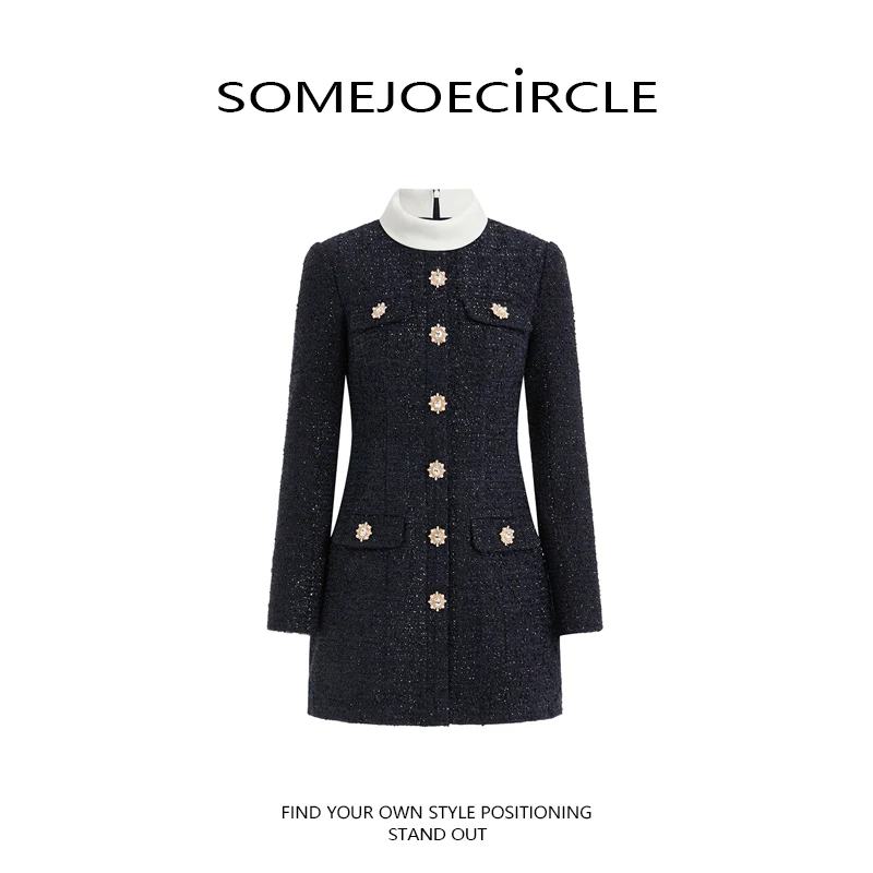SOMEJOECIRCLE【SP】25秋新款藏蓝色粗花呢千金风通勤气质裙女Z7711