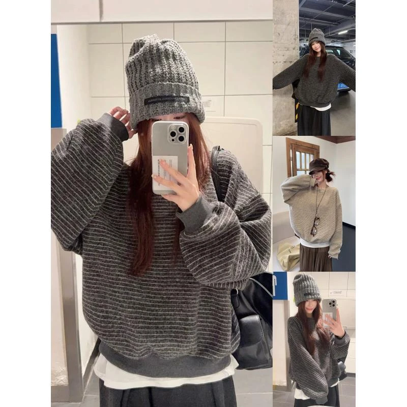 【INS条纹卫衣】自留仿兔绒条纹圆领套头款式卫衣秋季长袖上衣