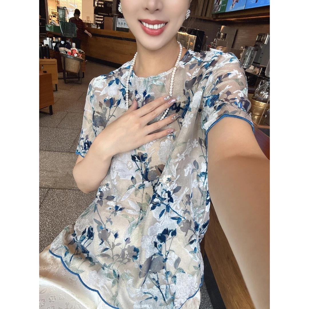 【深圳罗依】原创丝绒衬衫女桑蚕丝绒金线烧花中式短袖宽松时尚上衣