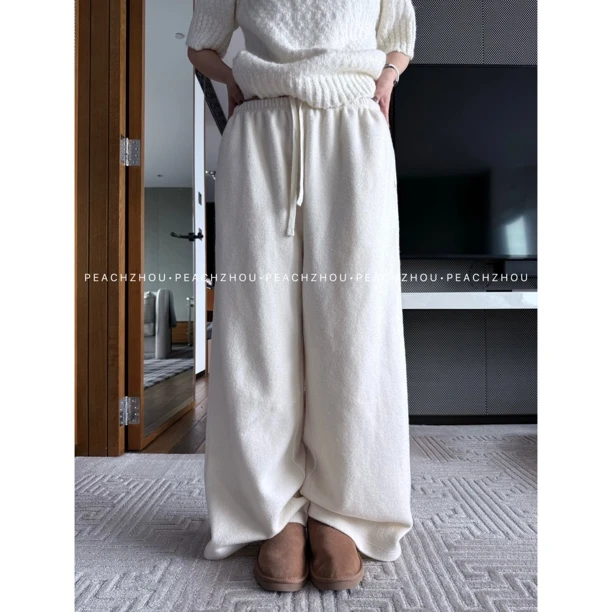 『PEACHZHOU』实穿主义/羊毛裤 隐形拉链口袋松紧腰宽松直筒休闲裤
