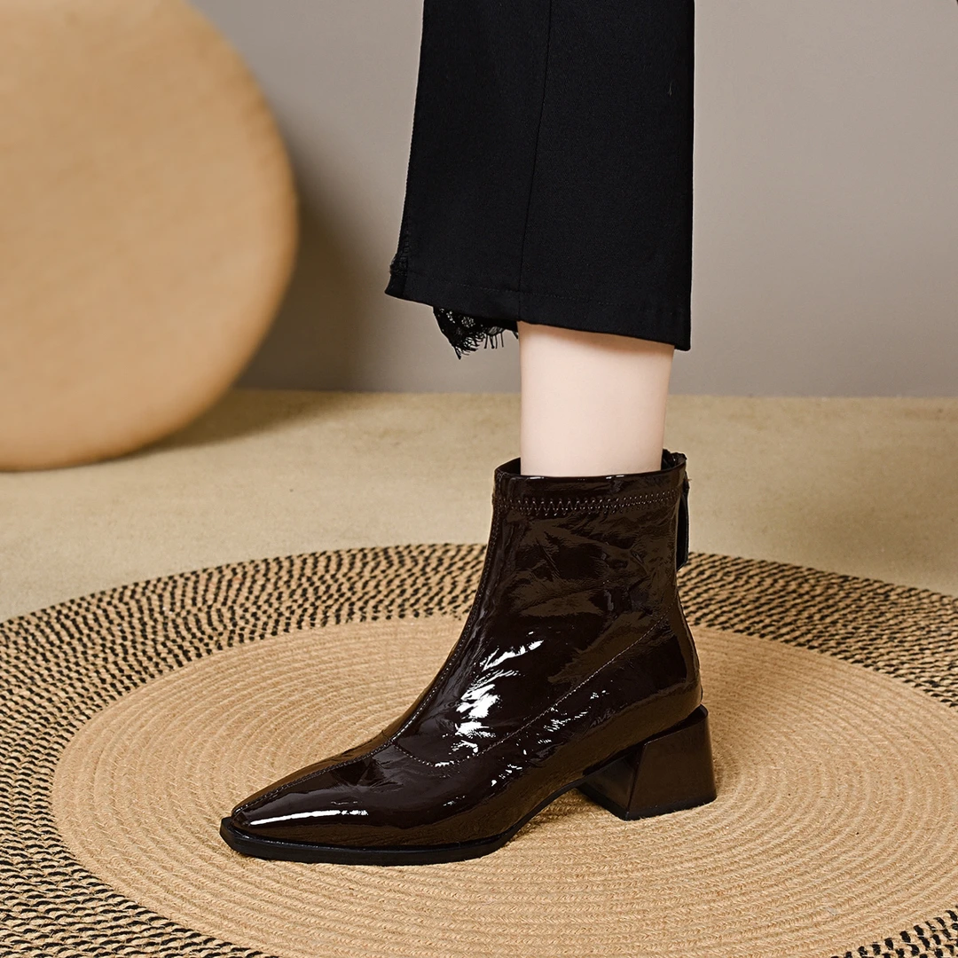 88-216秋冬方头欧美风春秋冬粗跟女短靴瘦瘦靴英伦风