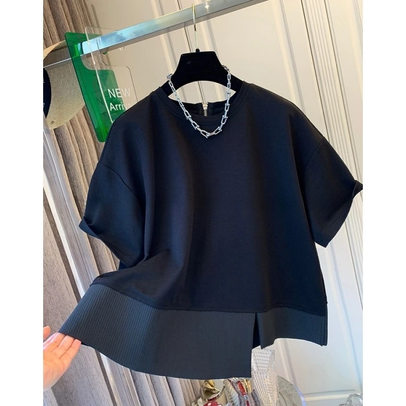 00024独特超好看设计感小众不规则圆领短袖T恤宽松上衣女夏季新款