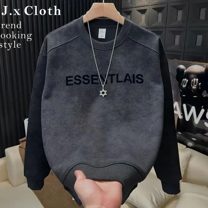 男士2025秋冬加绒字母韩系爆款加厚上衣男休闲扎染长袖圆领卫衣