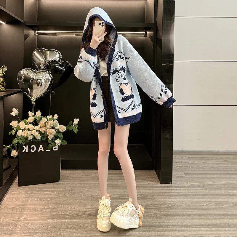 宽松大码慵懒风加厚连帽针织开衫女秋冬季高级感复古时尚毛衣外套