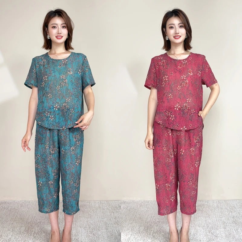 中老年妈妈装夏季新款短袖印花套装女时尚宽松显瘦大码薄款两件套