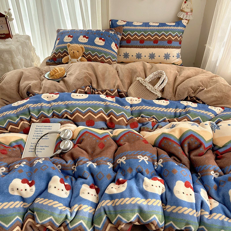 2025A类圣诞限定费尔岛风格卡通可爱牛奶绒四件套学生宿舍三件套