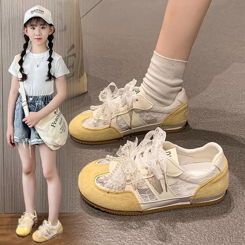 FAVMARTHA女童鞋子2025夏季新款网面透气运动鞋儿童德训鞋蕾丝网