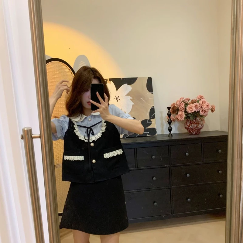 法式复古设计感花边拼接日常通勤短袖上衣短裙套装女夏季2024新款