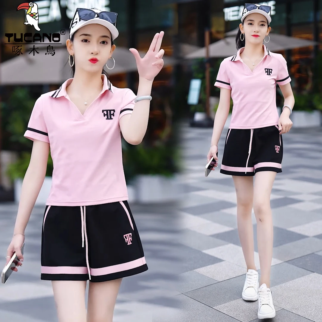 啄木鸟纯棉夏季休闲宽松简洁套装胖MM女装新款大码洋气短裤减龄潮