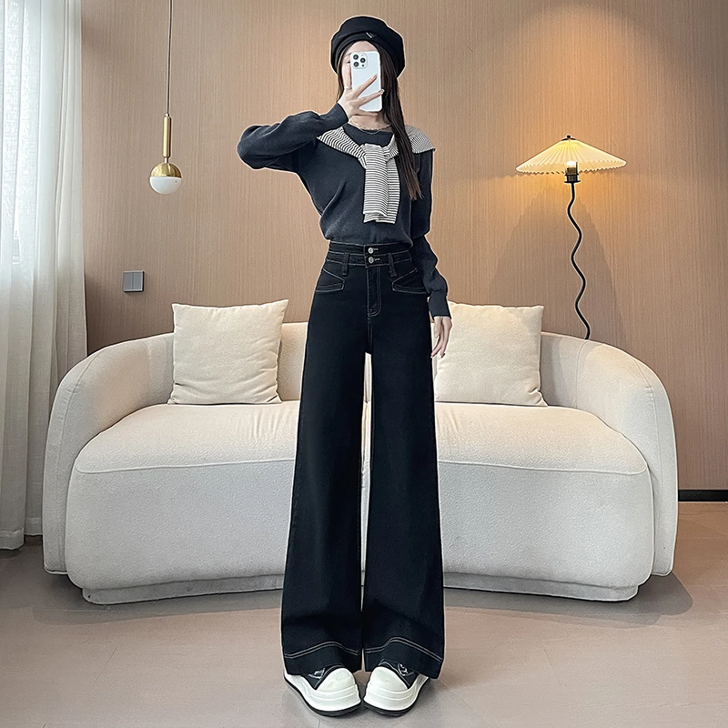 单裤/加绒高腰喇叭牛仔裤女2024秋季新款水洗弹力宽松阔腿裤9757