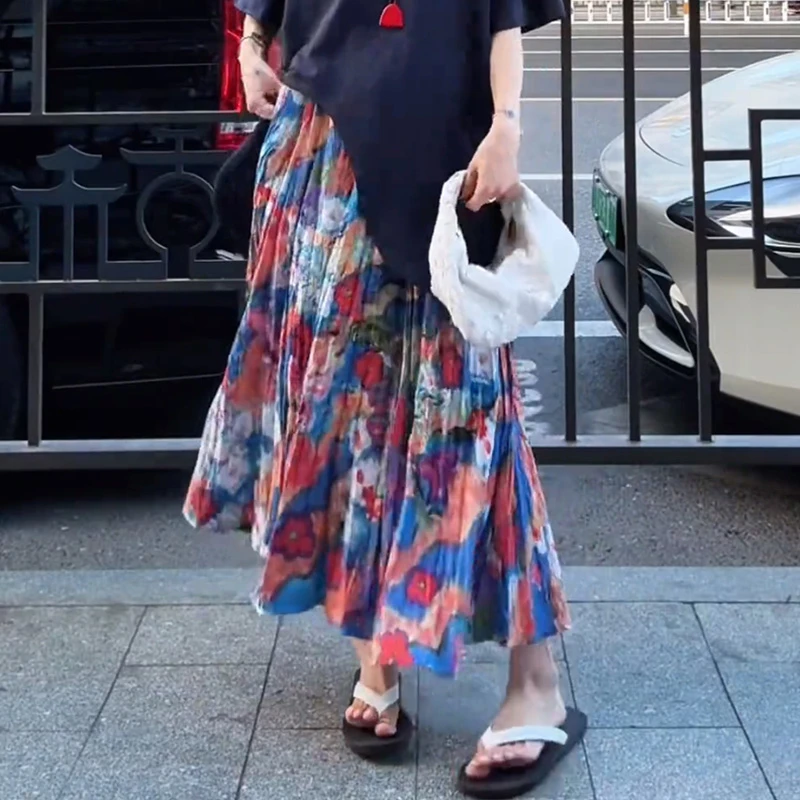 小个子绝美显瘦仙气飘飘印花a字长裙半身裙梨型身材遮胯2025新款