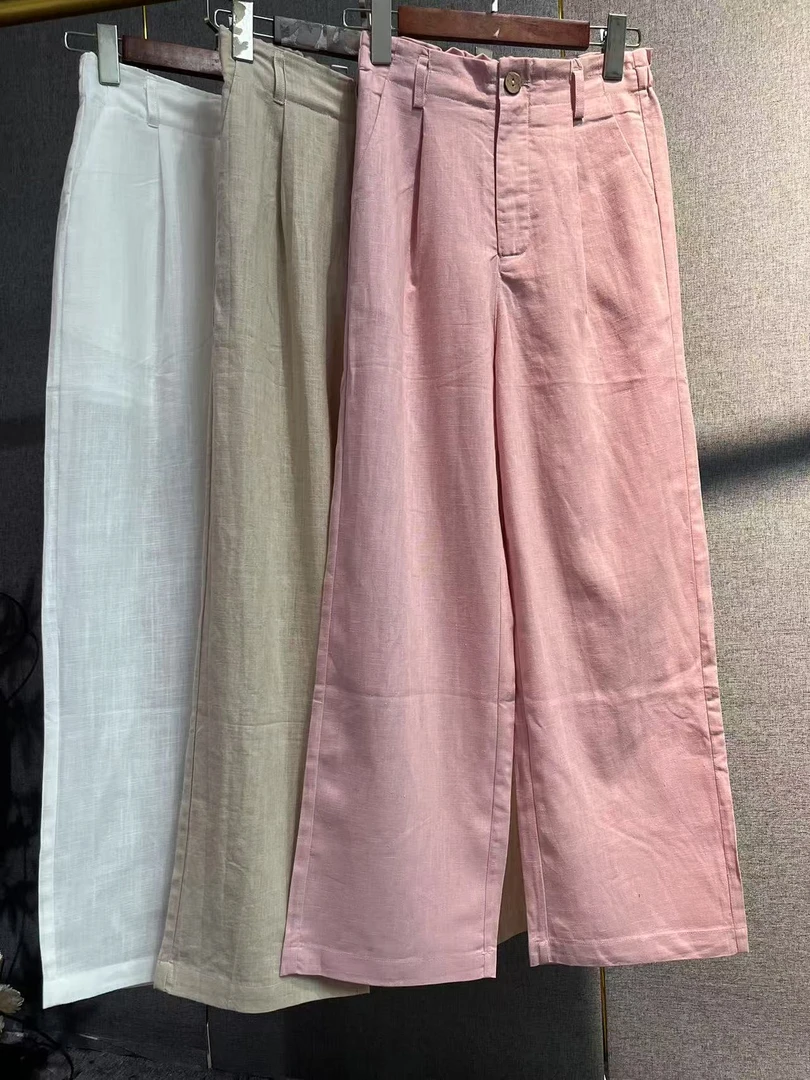 2025夏款休闲百搭纯色松紧腰亚麻直筒裤女