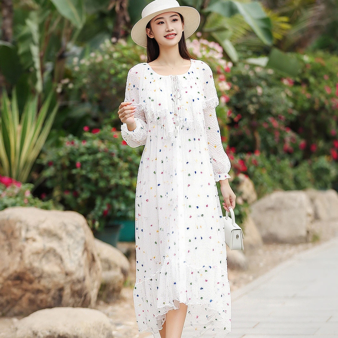 拜占庭的森林桑蚕丝外披女白色刺绣波点高级大码宽松防晒开衫外套