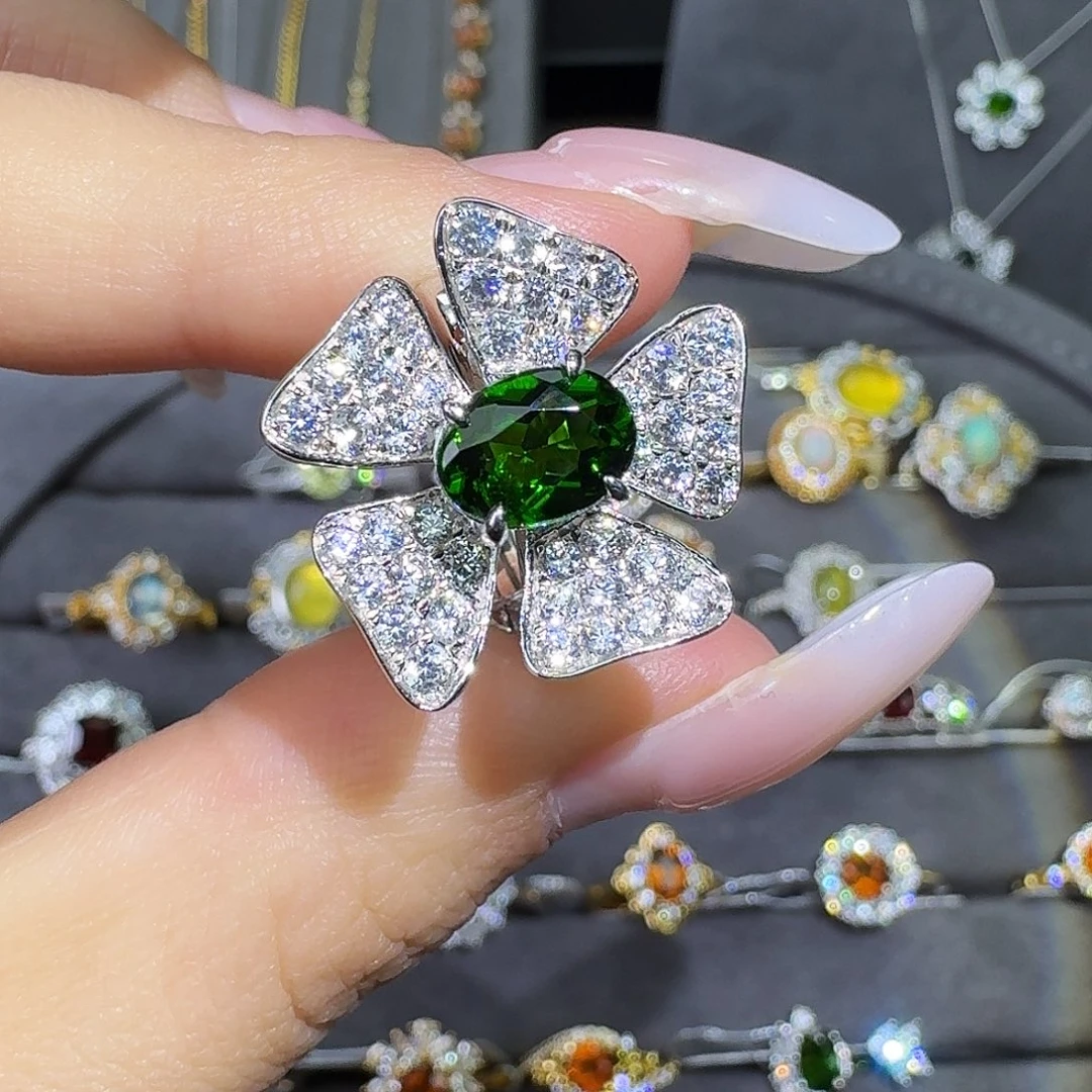 透辉石戒指银S925镶嵌1.0