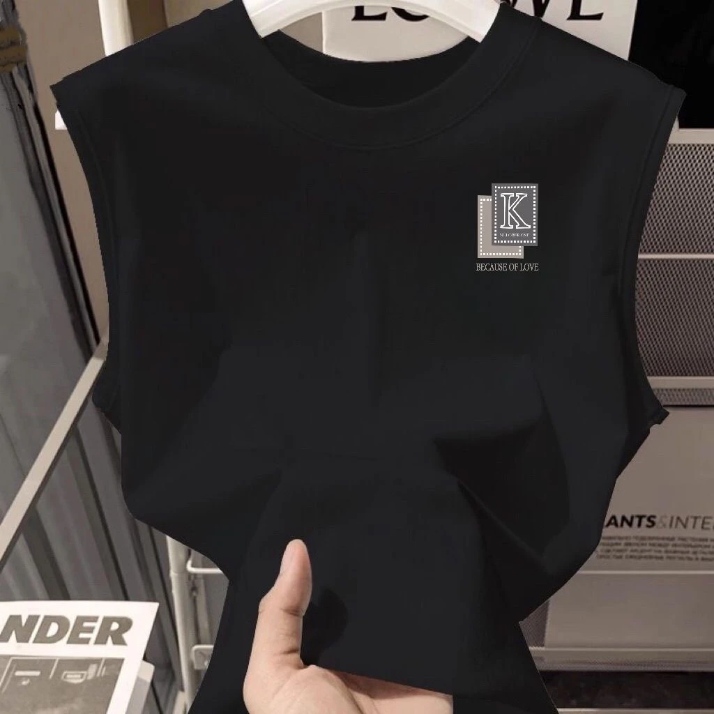 雅鹿男装夏季重磅无肩短袖痞帅宽松百搭帅气纯棉背心t恤高品质ins