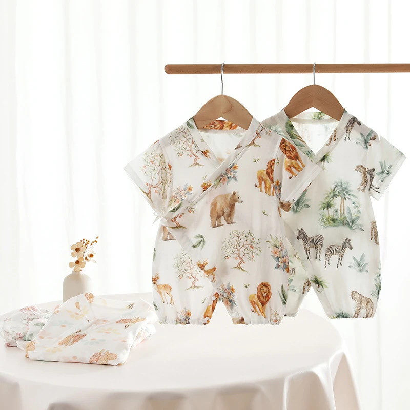 婴幼儿春秋夏季双层护肚连体衣新生儿衣服短袖超薄婴幼儿夏天衣服