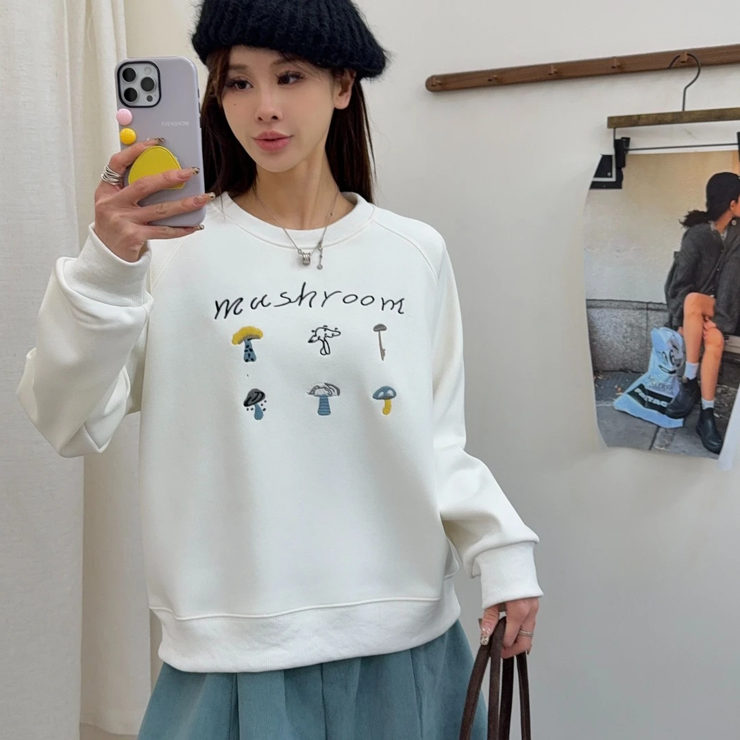 Y297冬季新款加绒韩版时尚休闲女士刺绣蘑菇圆领套头卫衣25-192