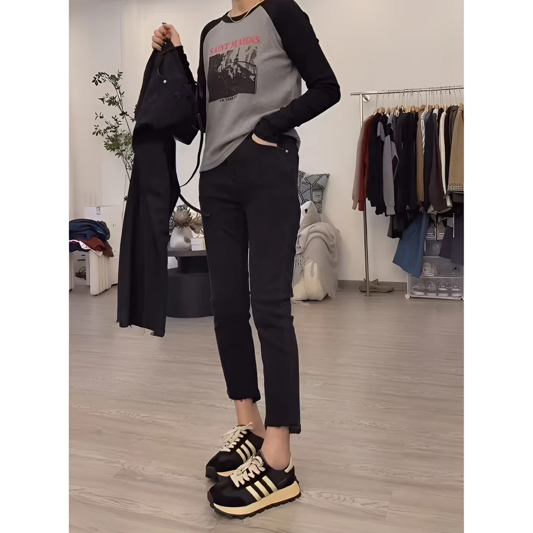 早秋新款弹力九分牛仔裤女直筒大码高腰修身显瘦裤子女款胖mm显瘦