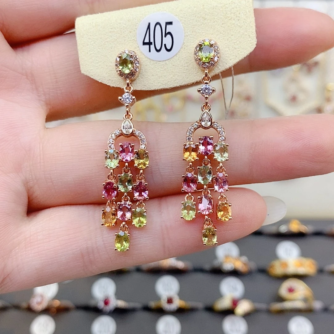 碧玺耳饰银S925镶嵌