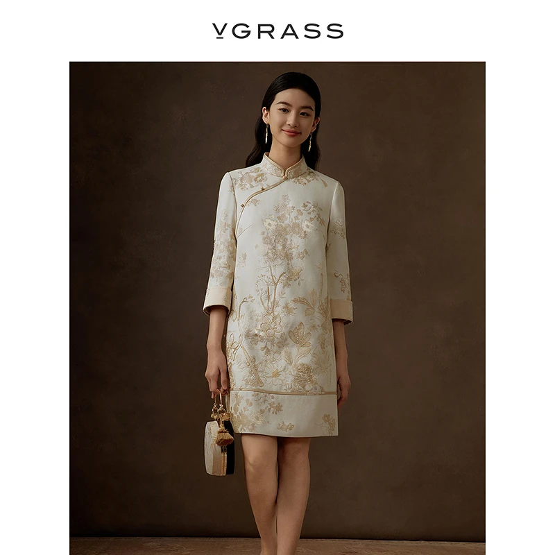 VGRASS维格娜丝冬季新款提花国风连衣裙VSL2P4713A