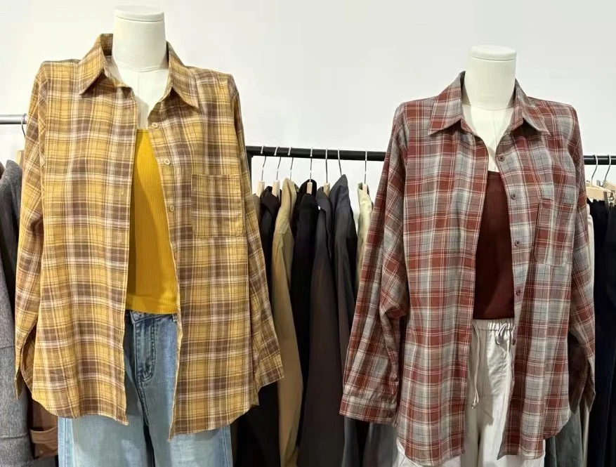 格子纽扣百搭夏季衬衫经典复古款宽松版