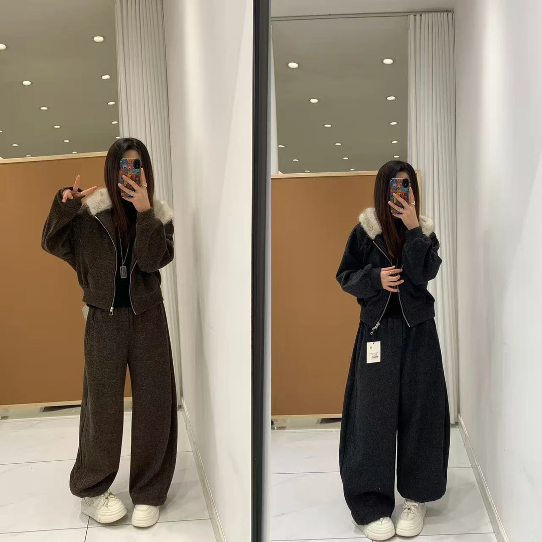 可米 新款显瘦时尚宽松搭加厚毛毛帽子加绒 套装 10271（上53裤100