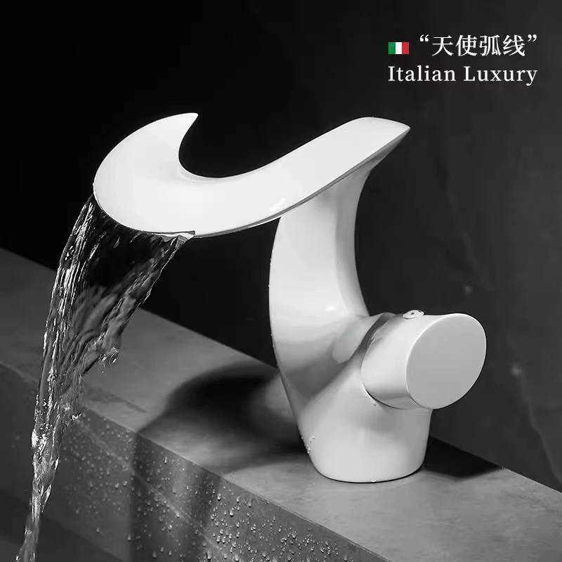 全铜白色瀑布水龙头家用冷热洗脸盆面盆台盆卫生间适用