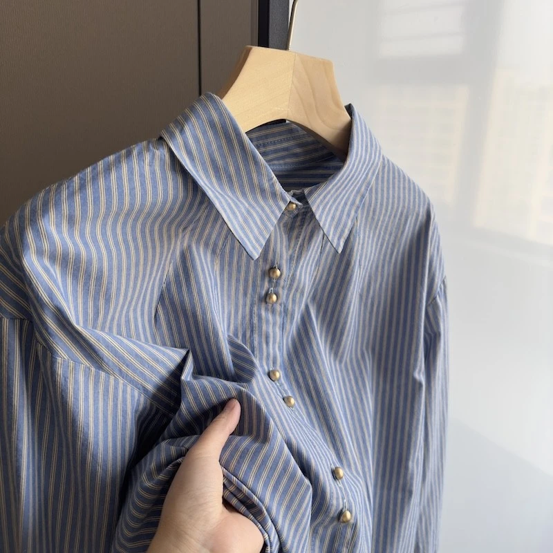 韩风100全棉色织条纹25春季女士休闲翻领长袖衬衫上衣衬衣衬衫