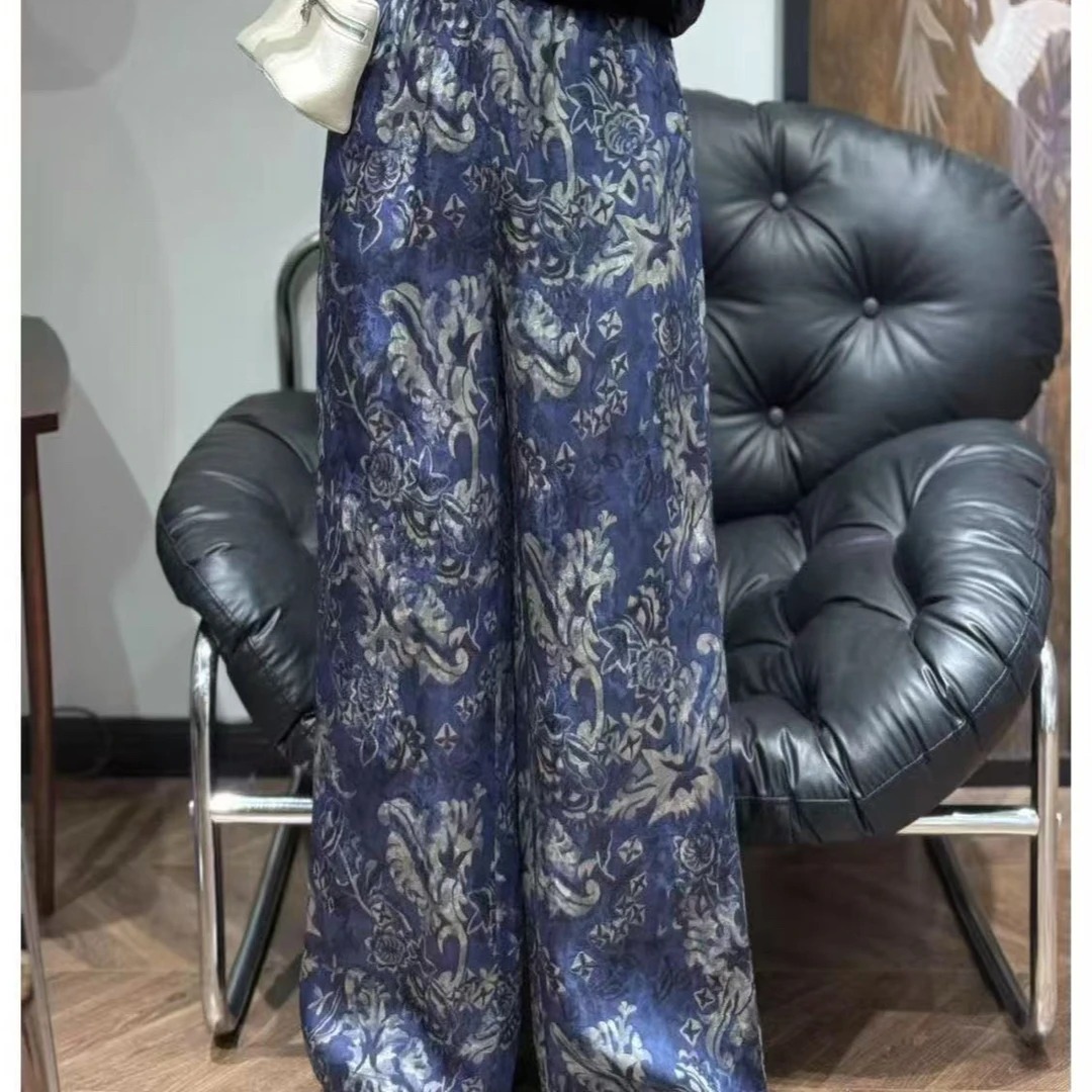 866高端轻奢宽松青花瓷新中式复古风高腰阔腿裤有口袋国风休闲裤