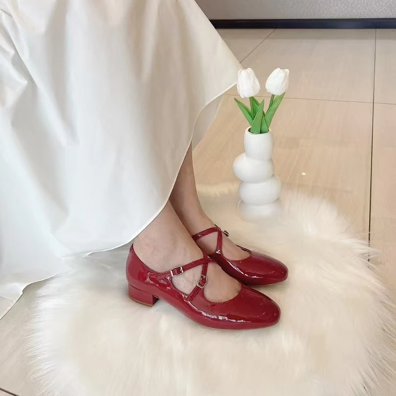 深呼吸DEEP BREATH复古法式粗跟交叉带牛漆皮玛丽珍单鞋AX11158