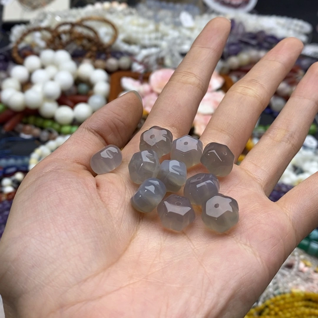 未镶嵌玛瑙/玉髓珠宝半成品五个装纯天然冰透灰玛瑙南瓜珠