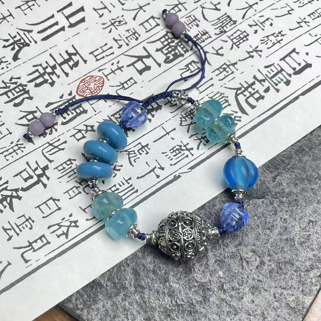 合金手链 LZ6975蓝色不规则蓝色磨砂南瓜蓝色银粉葫芦琉璃手串