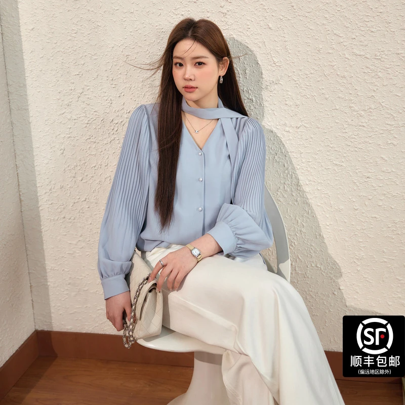 蓝语大码女装胖mm气质轻熟飘带长袖衬衫2025秋季v领显瘦通勤上衣