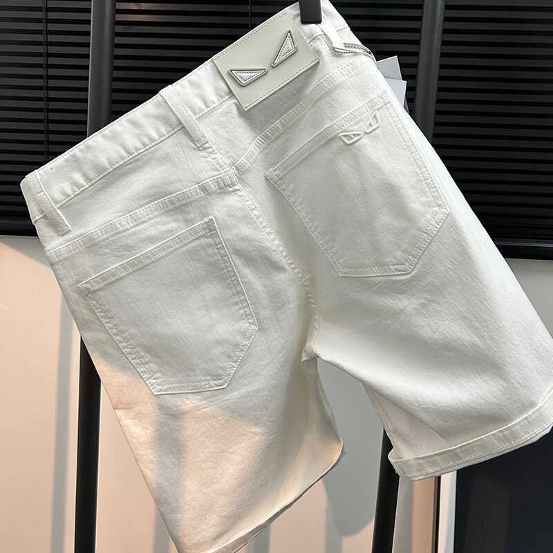 设计师高端潮牌白色牛仔短裤男五分裤子休闲外穿透气弹力夏季薄款