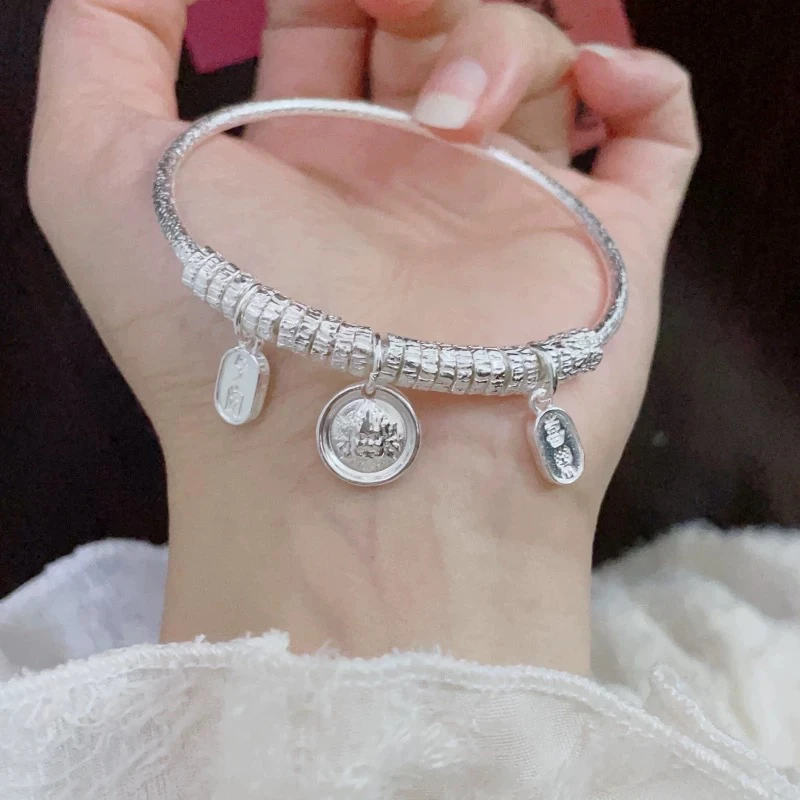 足银手镯 新中式足银999.9花镯黄财神盘缠手镯约30克