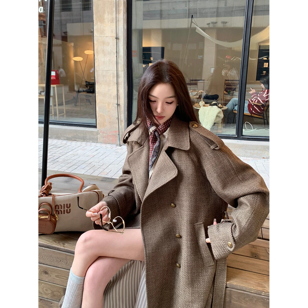 区区欧阳 粗纺编织风衣外套女春季新款休闲宽松高级感复古大衣