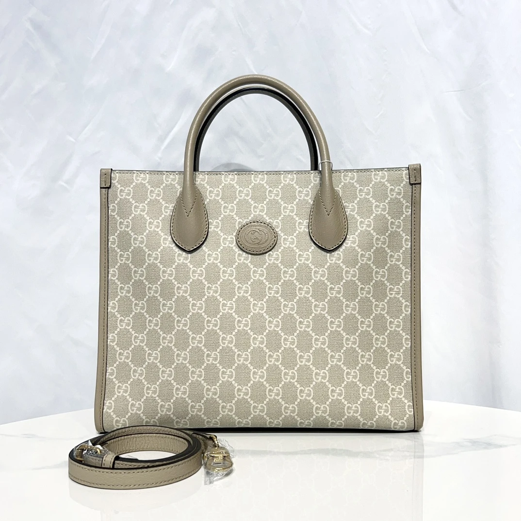 99新 GUCCI/古驰 7姐专场/浅灰色老花 retro系列 托特包