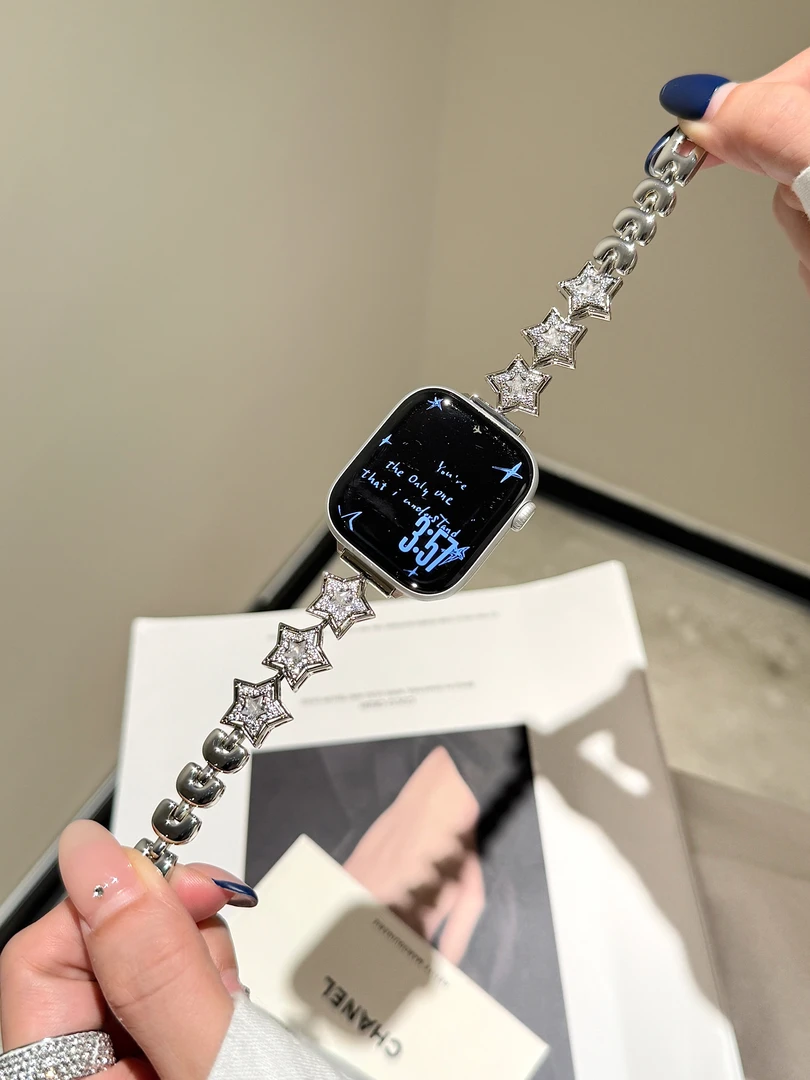 适用苹果手表iwatch星星爱心全铜锆石表带气质轻奢小米手环10表带
