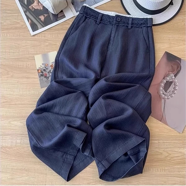 2025年新款夏季薄款藏青色阔腿长裤时尚百搭休闲显瘦宽松直筒裤