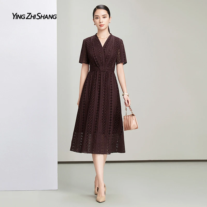 【100棉】赢智尚连衣裙红色优雅显瘦法式轻熟风刺绣长裙新款ZF03414