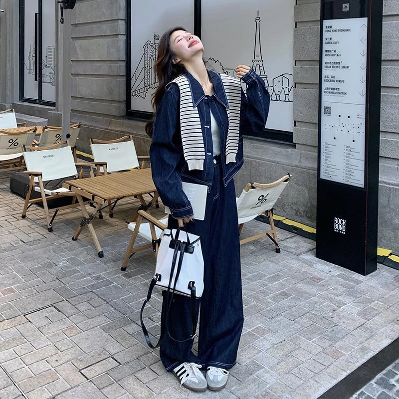 条纹披肩牛仔衬衫套装女2025春秋新款韩系学院风休闲阔腿裤两件套