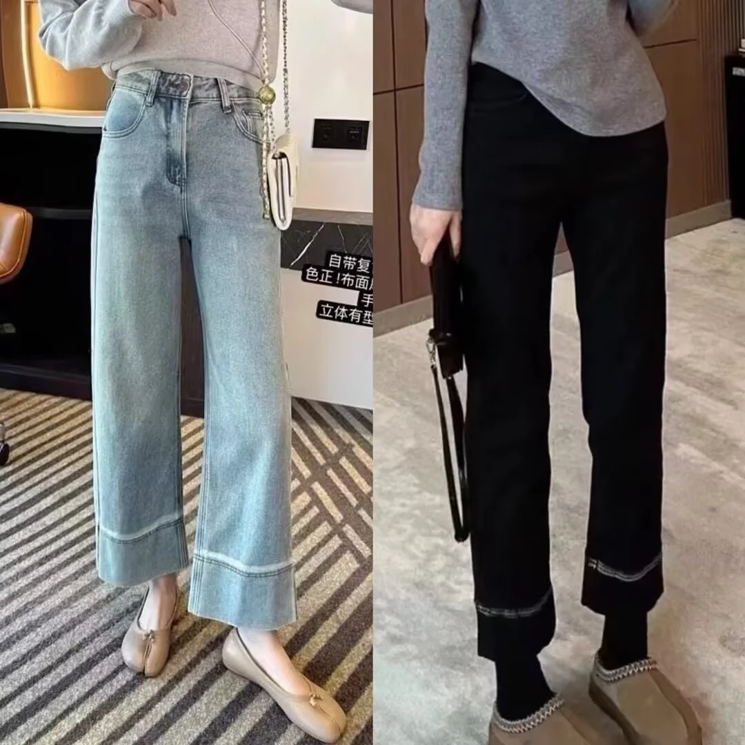 春季新款弹力九分牛仔裤女大码显瘦胖妹妹mm梨形身材裤子直筒裤子