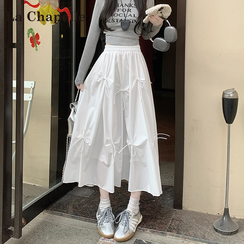 拉夏贝尔法式赫本风蝴蝶结半身裙女夏季高腰遮胯显瘦气质a字伞裙