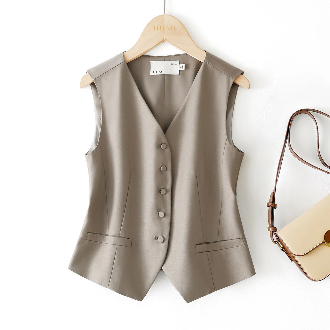 IHIMI/海谧极简外穿解构拼接上衣25夏无袖高级莫兰迪感马甲02793
