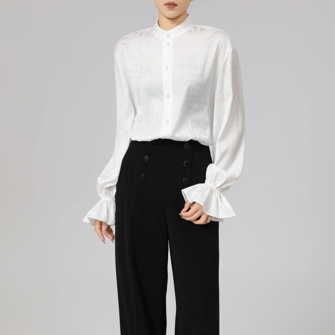 GIRDEAR/哥弟新款立领中式提花衬衣百搭字母荷叶袖衬衫130009