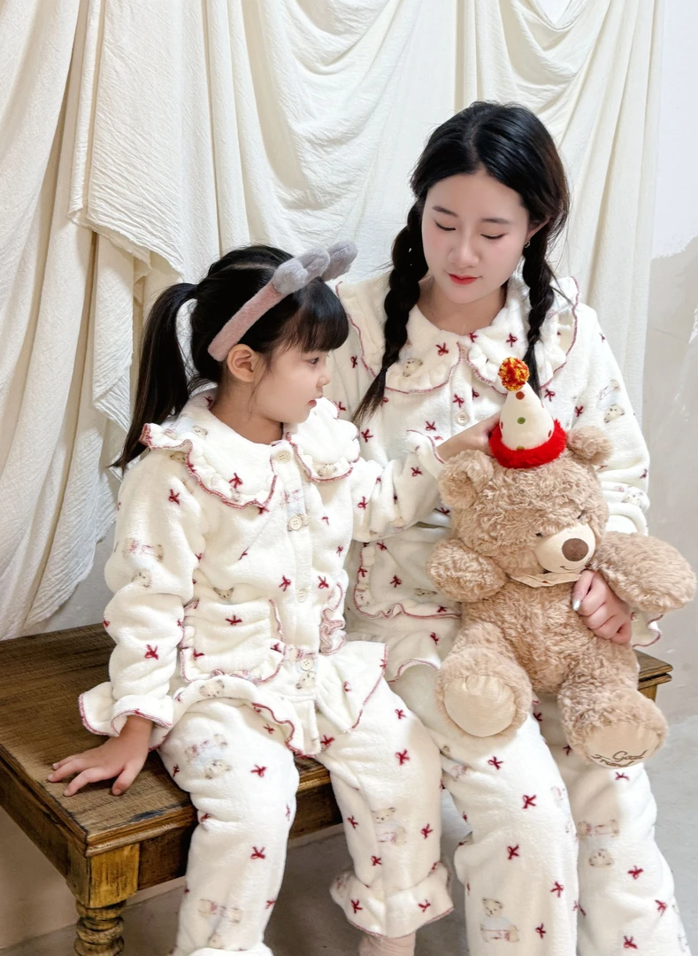 2025亲子秋冬休闲风珊瑚绒女保暖家居服套装母女中大童女童家居服