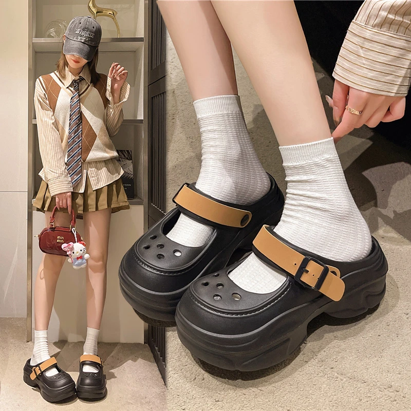 玛丽珍厚底时尚洞洞鞋2025新款包头沙滩半拖鞋百搭女外穿防滑凉鞋