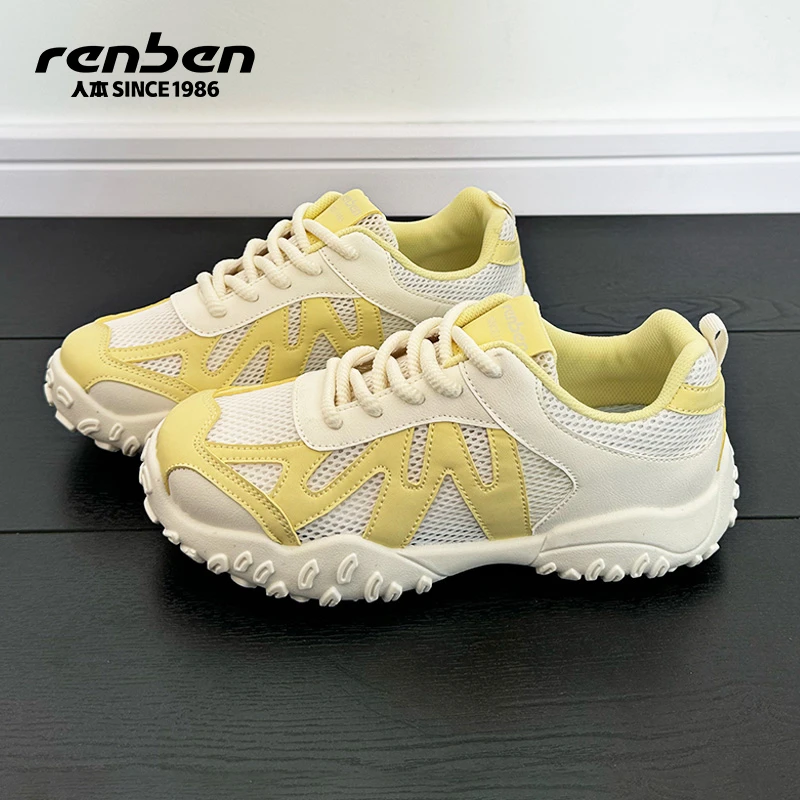 人本官方旗舰店2025新款运动鞋透气夏季休闲鞋网面厚底珠片芭蕾风
